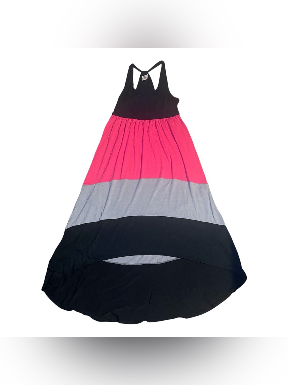 Mossimo Sleeveless Maxi Dress Black + Pink Striped Belted Hi-Lo Hem - LG - NWOT